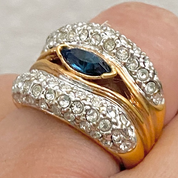 Vintage Blue Sapphire Rhinestone Gold-plated Statement Ring Size 6 - Picture 4 of 15